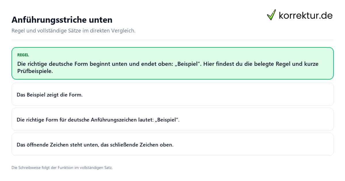 Konkrete Regel und vollständige Beispielsätze zu Anführungsstriche unten