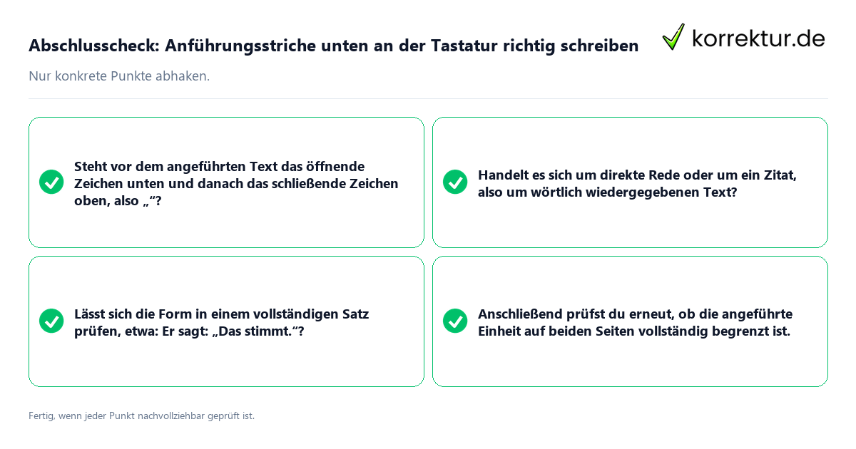 Konkreter Abschlusscheck zu Anführungsstriche unten an der Tastatur richtig schreiben