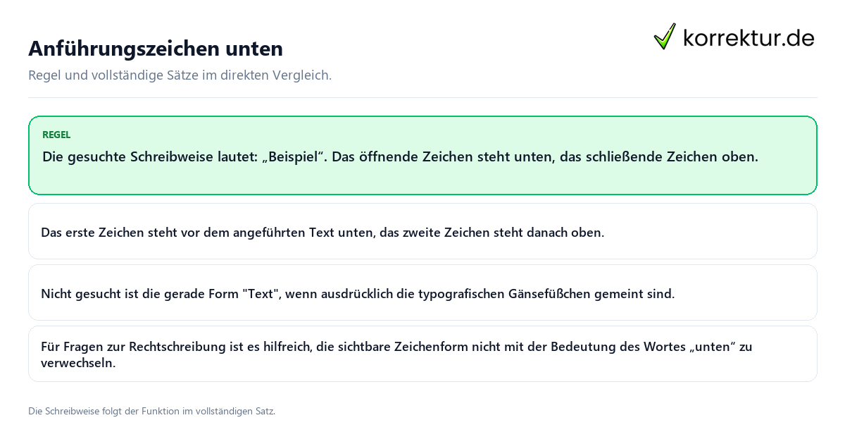 Konkrete Regel und vollständige Beispielsätze zu Anführungszeichen unten