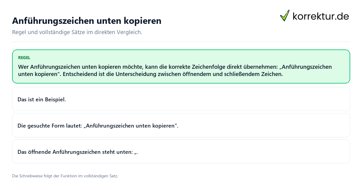 Konkrete Regel und vollständige Beispielsätze zu Anführungszeichen unten kopieren
