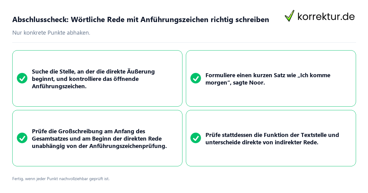 Konkreter Abschlusscheck zu Wörtliche Rede mit Anführungszeichen richtig schreiben