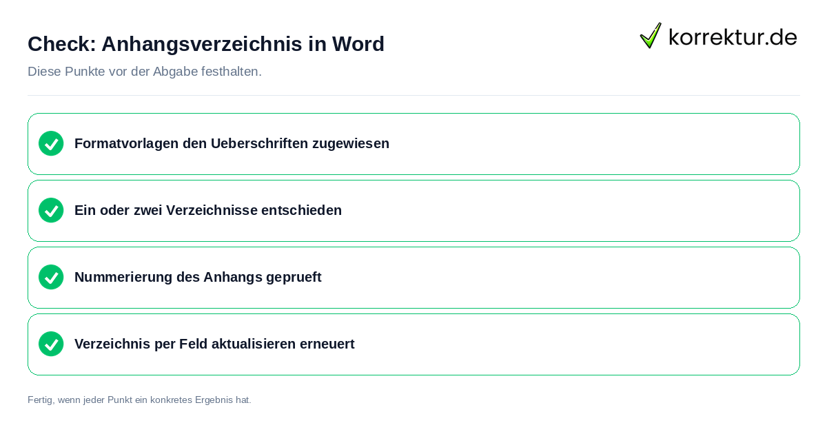 Check: Anhangsverzeichnis in Word Anhangsverzeichnis in Word: Prüfliste mit vier Punkten