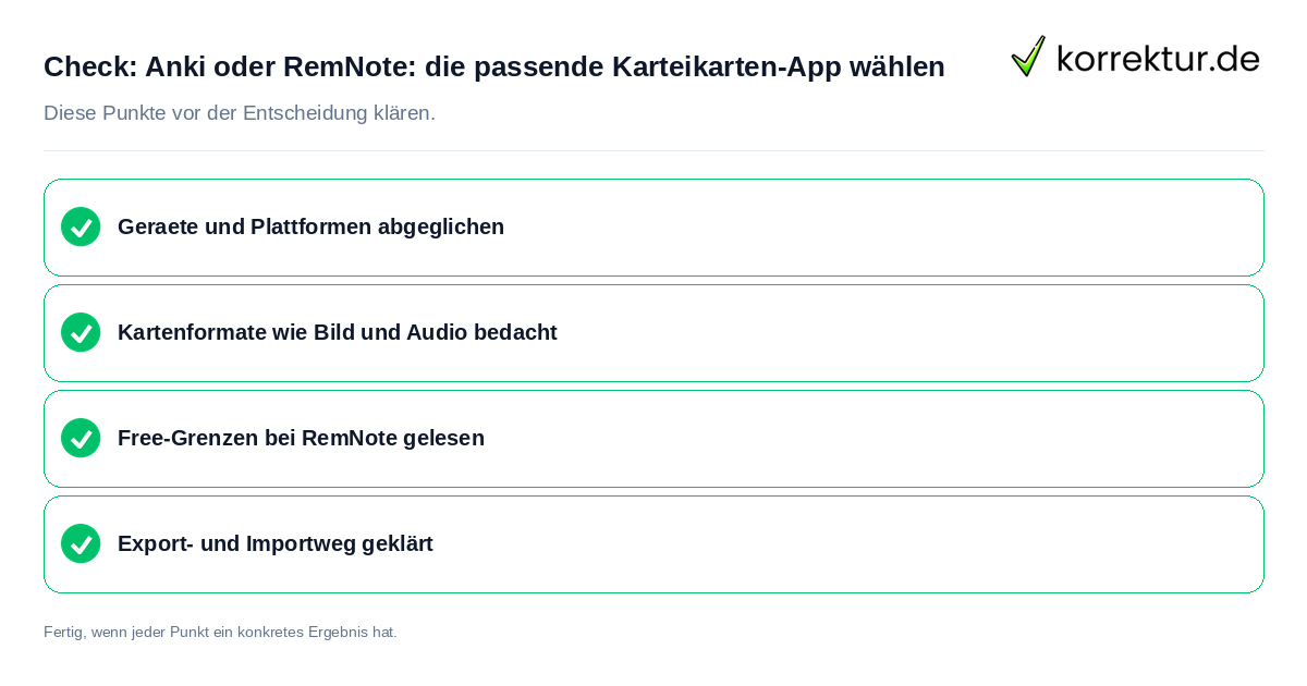 Check: Anki oder RemNote: die passende Karteikarten-App wählen Anki oder RemNote: die passende Karteikarten-App wählen: Prüfliste mit vier Punkten