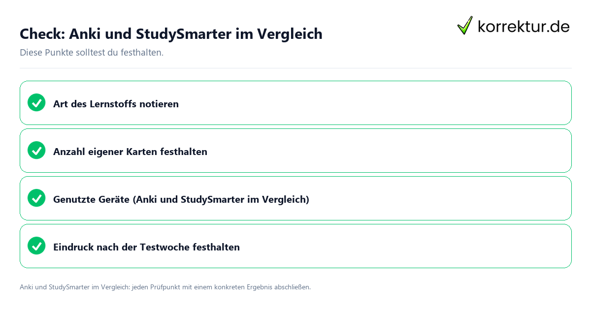 Anki und StudySmarter im Vergleich mit einer themenspezifischen Checkliste