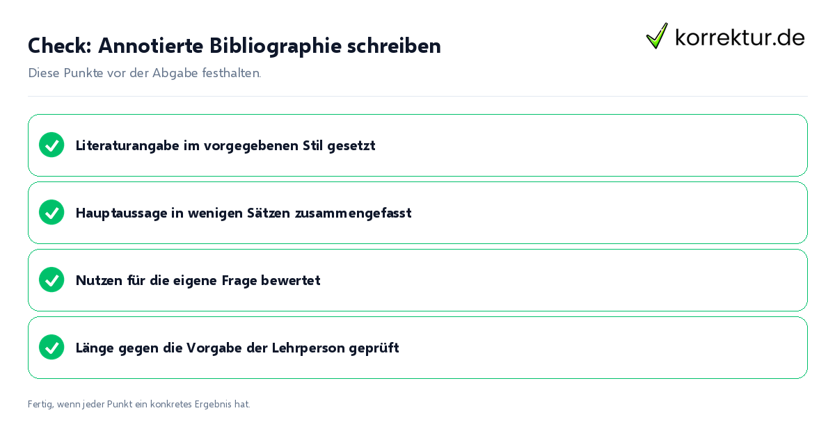 Check: Annotierte Bibliographie schreiben Annotierte Bibliographie schreiben: Prüfliste mit vier Punkten