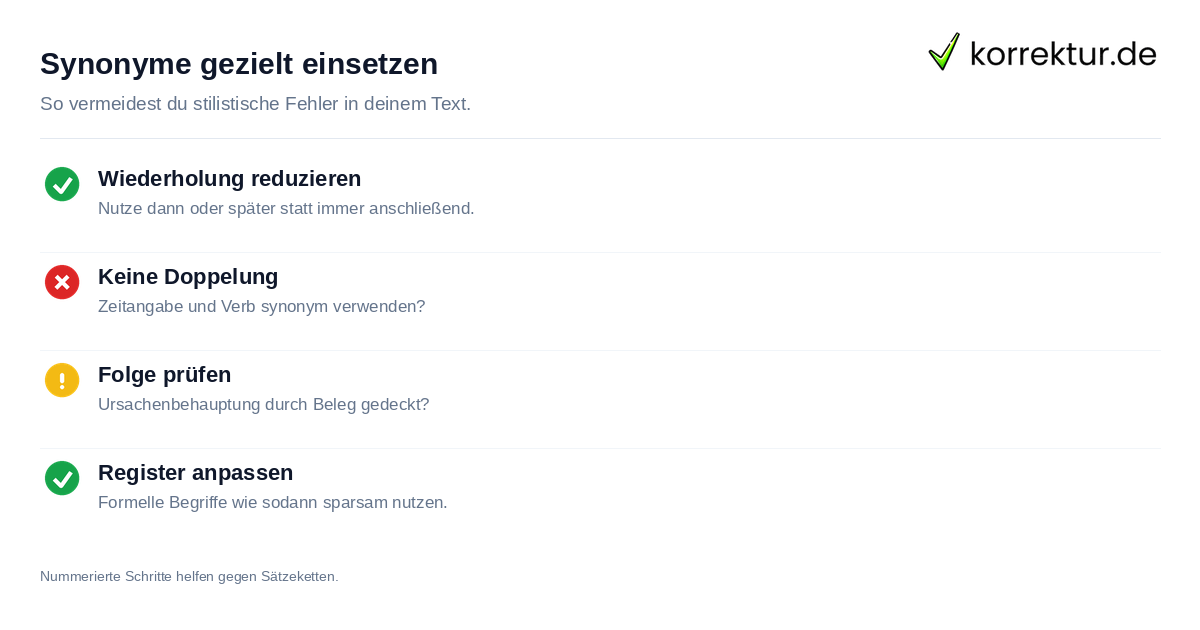 Synonyme gezielt einsetzen Checkliste für korrekten Einsatz von Synonymen zu anschließend