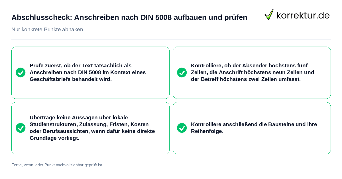 Konkreter Abschlusscheck zu Anschreiben nach DIN 5008 aufbauen und prüfen