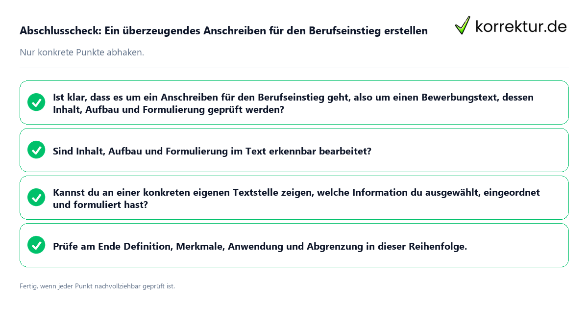 Abschlusscheck: Ein überzeugendes Anschreiben für den Berufseinstieg erstellen Konkreter Abschlusscheck zu Ein überzeugendes Anschreiben für den Berufseinstieg erstellen