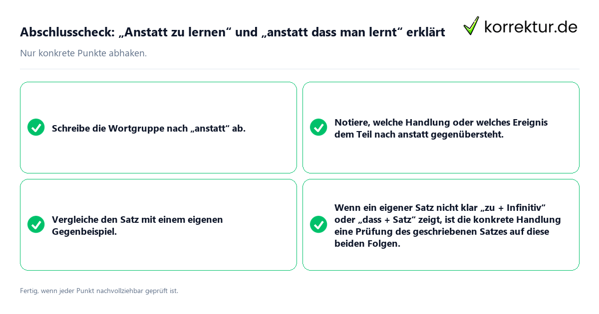 Konkreter Abschlusscheck zu „Anstatt zu lernen“ und „anstatt dass man lernt“ erklärt