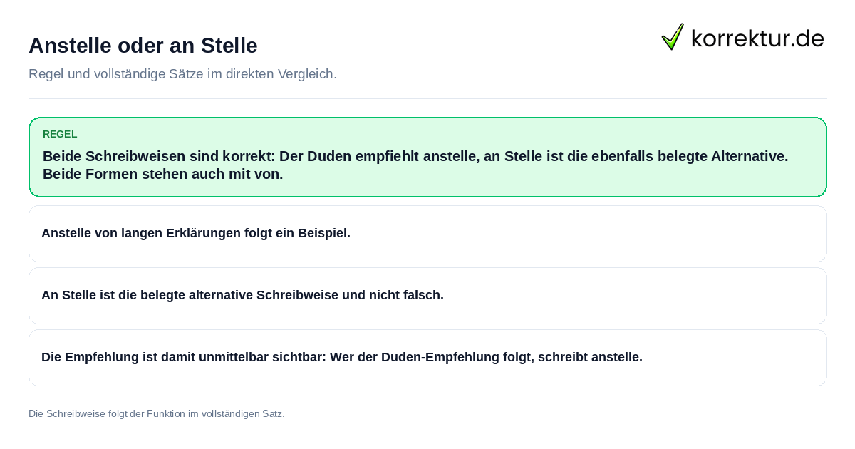 Anstelle oder an Stelle Konkrete Regel und vollständige Beispielsätze zu Anstelle oder an Stelle