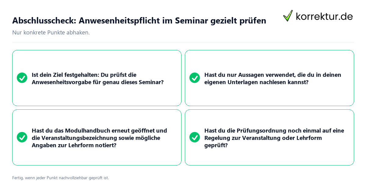 Konkreter Abschlusscheck zu Anwesenheitspflicht im Seminar gezielt prüfen