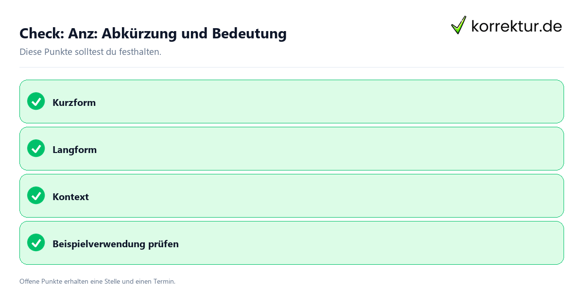 Anz: Abkürzung und Bedeutung mit Checkliste für Unterlagen und nächste Schritte