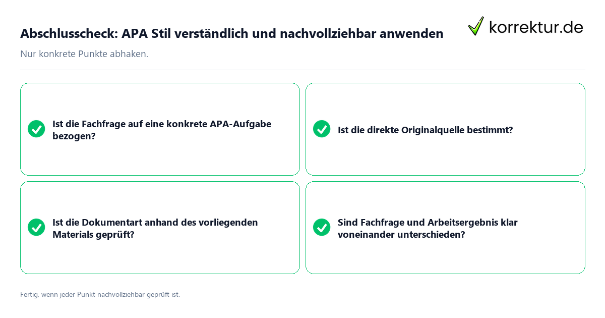 Konkreter Abschlusscheck zu APA Stil verständlich und nachvollziehbar anwenden