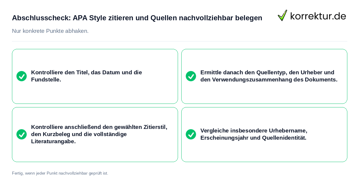 Abschlusscheck: APA Style zitieren und Quellen nachvollziehbar belegen Konkreter Abschlusscheck zu APA Style zitieren und Quellen nachvollziehbar belegen