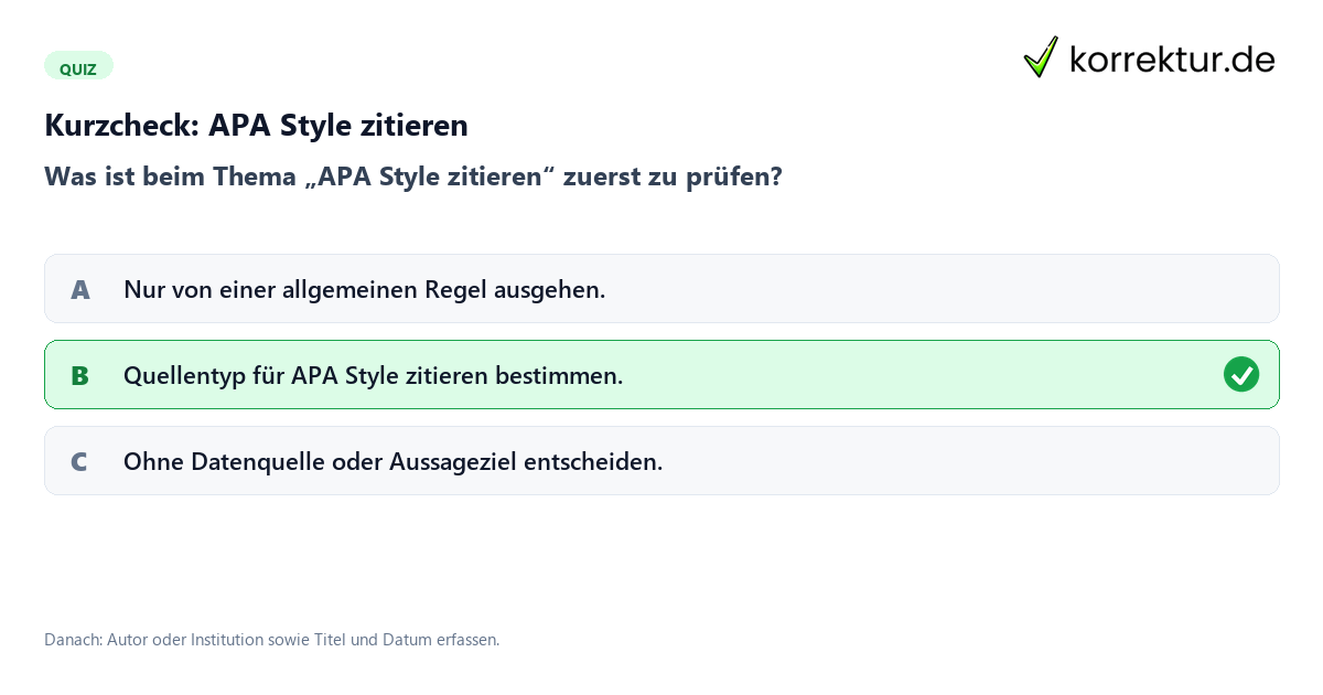 APA Style zitieren mit einem Kurzquiz zum sinnvollen nächsten Schritt