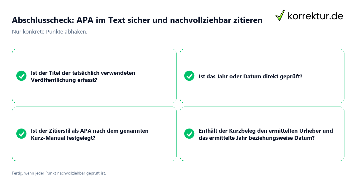 Konkreter Abschlusscheck zu APA im Text sicher und nachvollziehbar zitieren