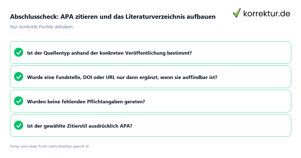 Konkreter Abschlusscheck zu APA zitieren und das Literaturverzeichnis aufbauen