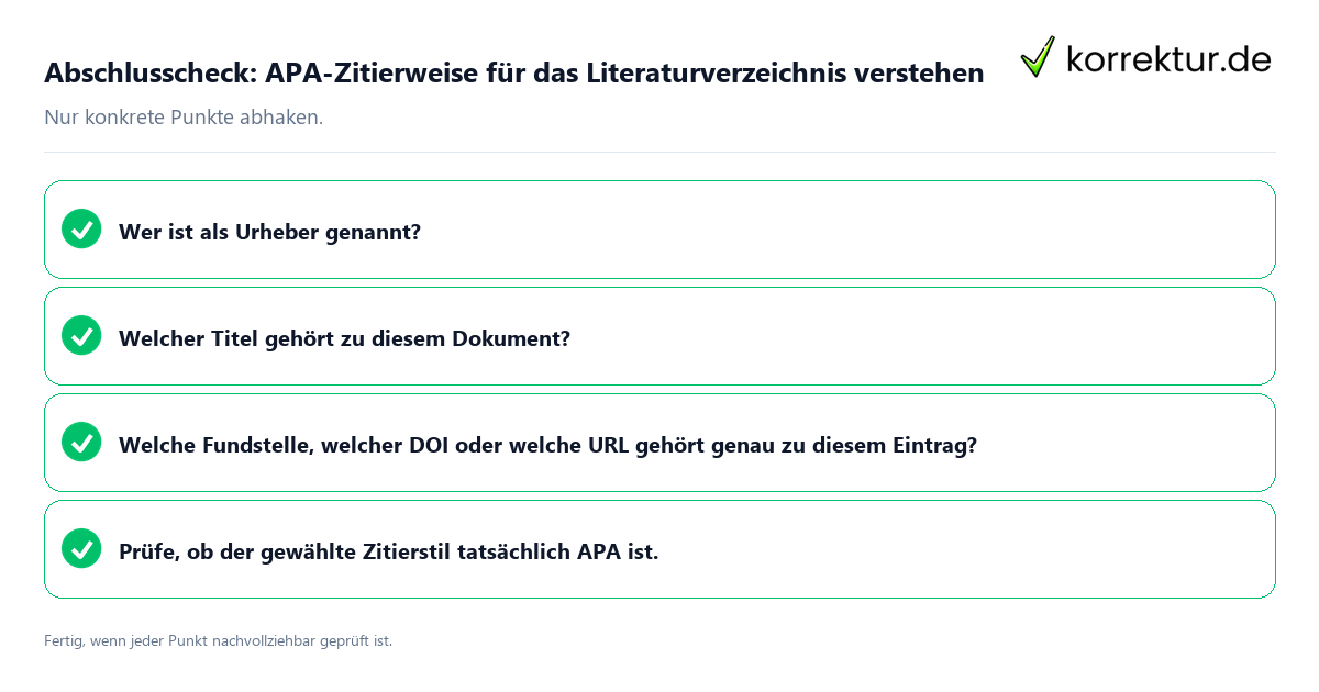 Konkreter Abschlusscheck zu APA-Zitierweise für das Literaturverzeichnis verstehen
