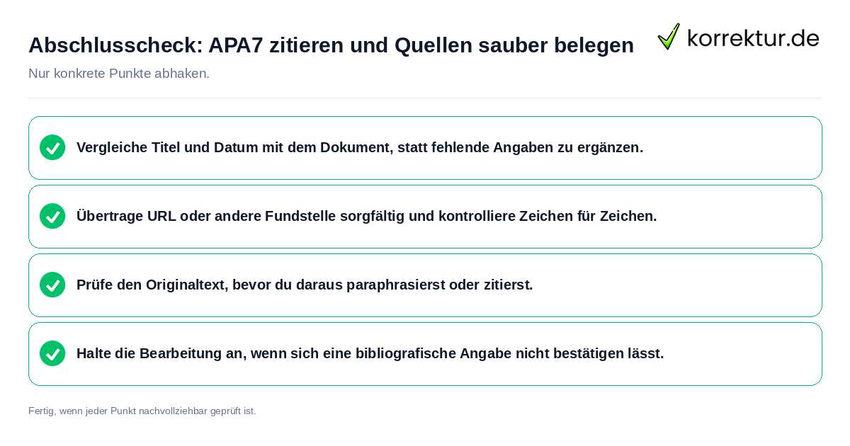 Abschlusscheck: APA7 zitieren und Quellen sauber belegen Konkreter Abschlusscheck zu APA7 zitieren und Quellen sauber belegen