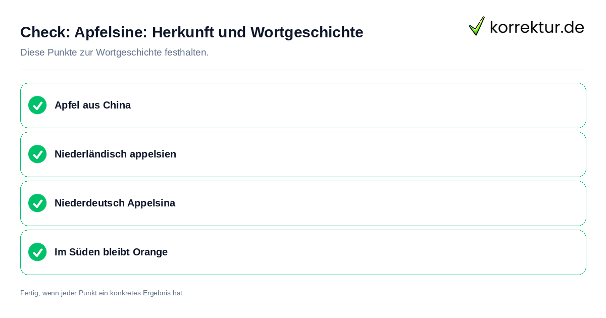 Apfelsine: Herkunft und Wortgeschichte: Prüfliste mit vier Punkten
