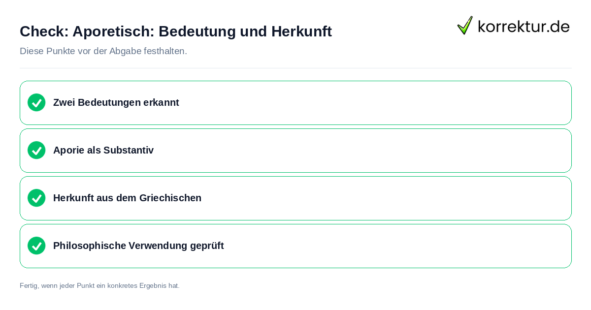Aporetisch: Bedeutung und Herkunft: Prüfliste mit vier Punkten