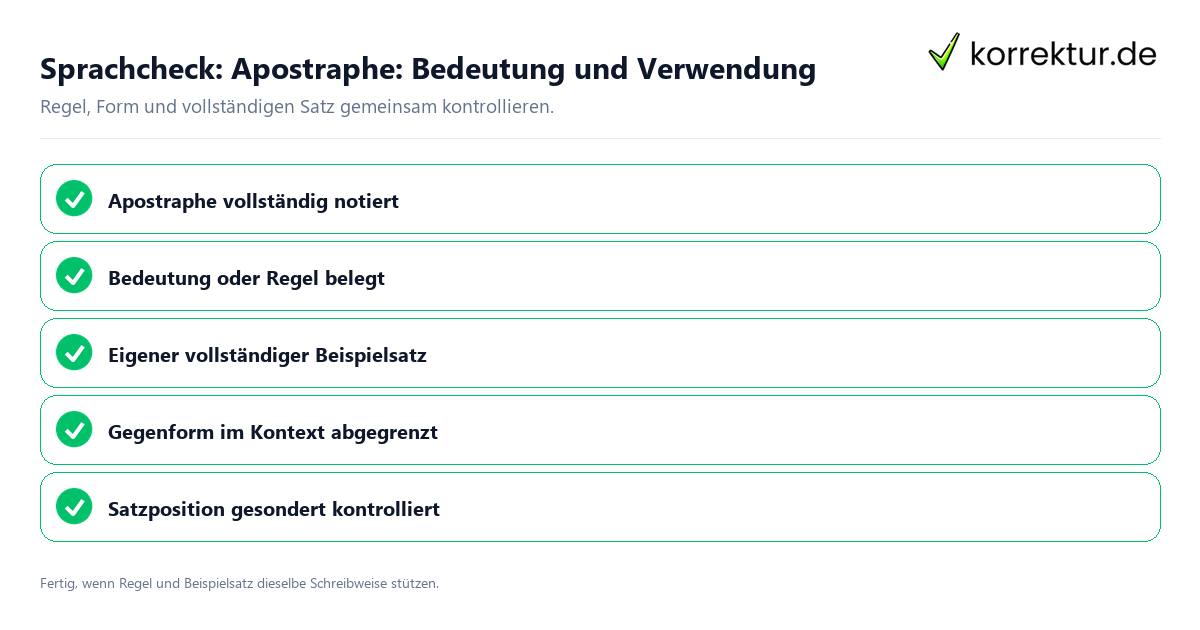 Konkreter Sprachcheck zu Apostraphe: Bedeutung und Verwendung mit Regel und vollständigem Beispielsatz