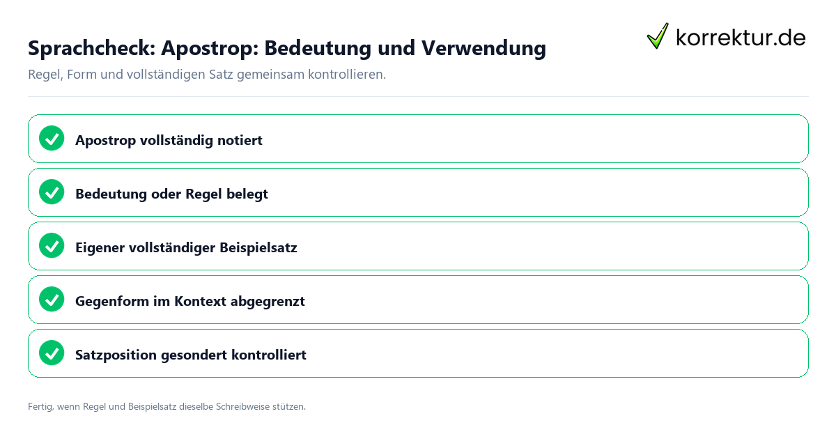 Konkreter Sprachcheck zu Apostrop: Bedeutung und Verwendung mit Regel und vollständigem Beispielsatz