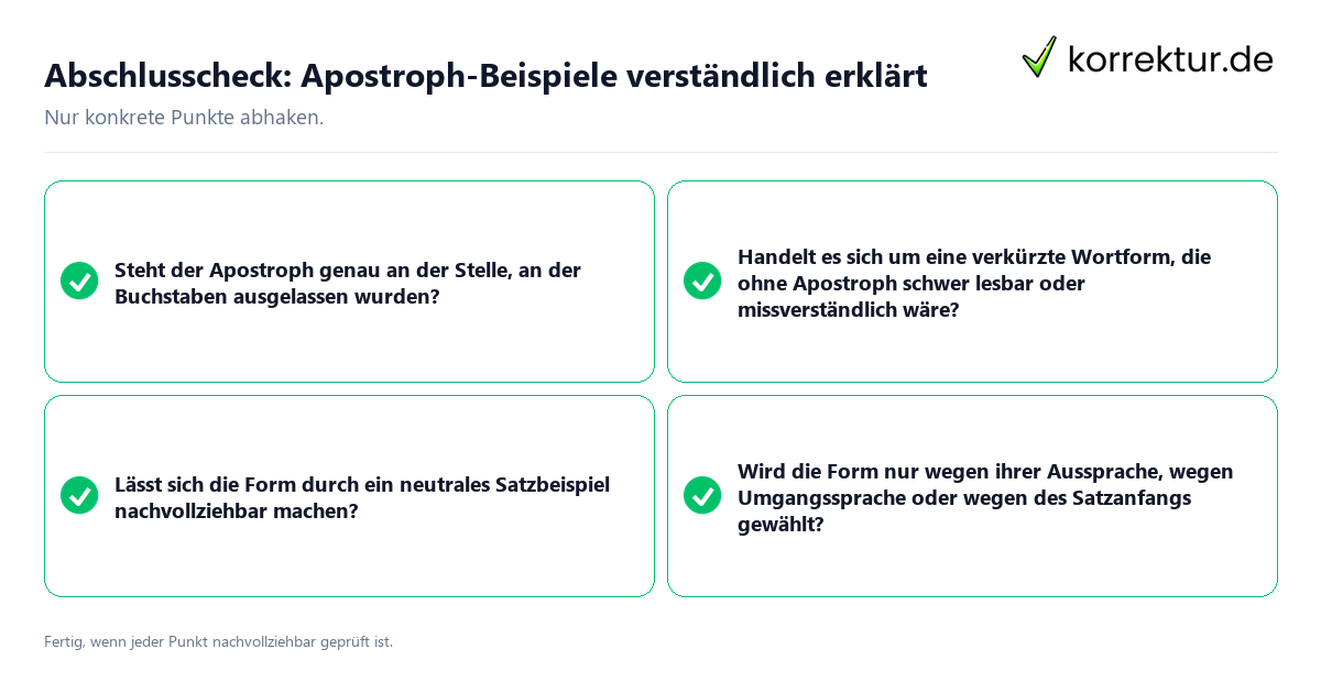 Konkreter Abschlusscheck zu Apostroph-Beispiele verständlich erklärt