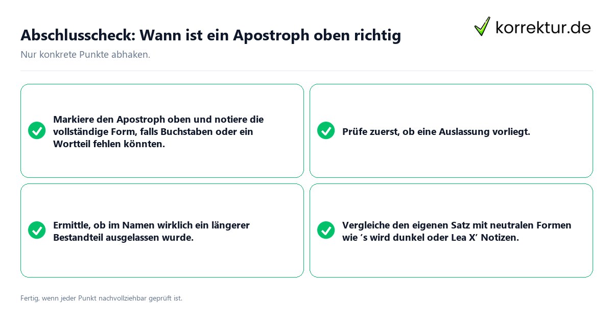 Abschlusscheck: Wann ist ein Apostroph oben richtig Konkreter Abschlusscheck zu Wann ist ein Apostroph oben richtig