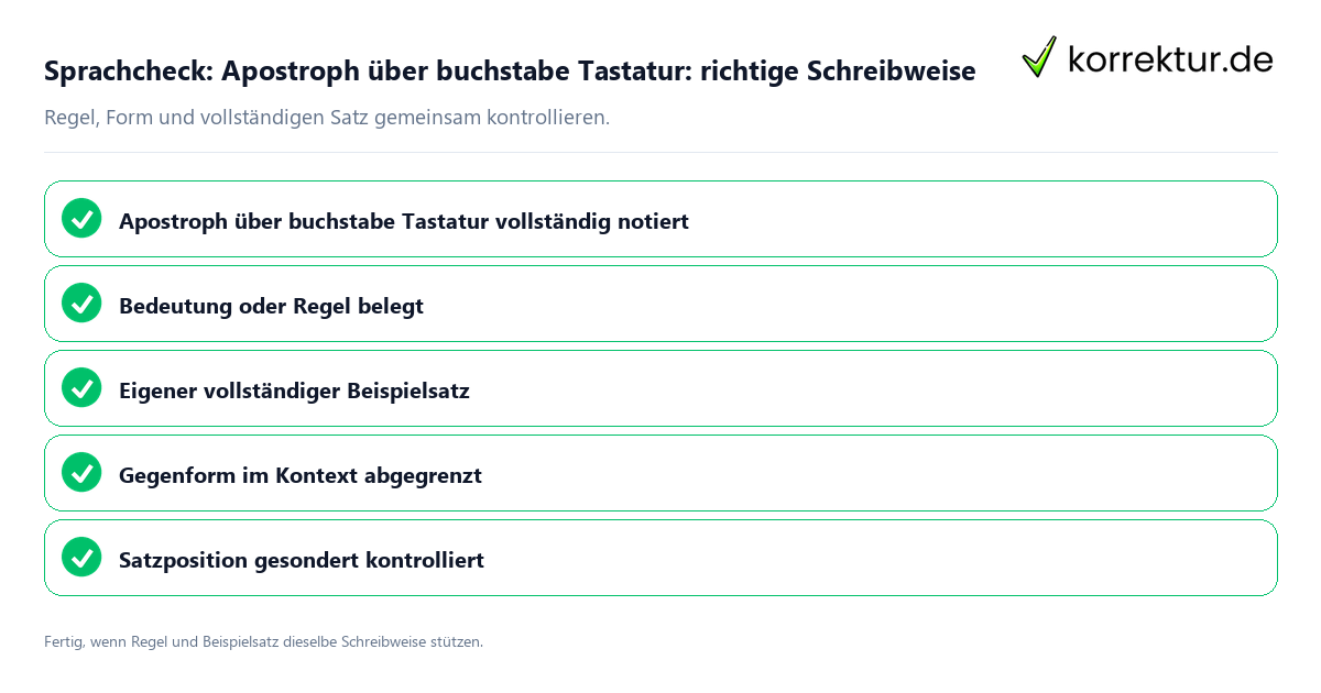 Konkreter Sprachcheck zu Apostroph über buchstabe Tastatur: richtige Schreibweise mit Regel und vollständigem Beispielsatz