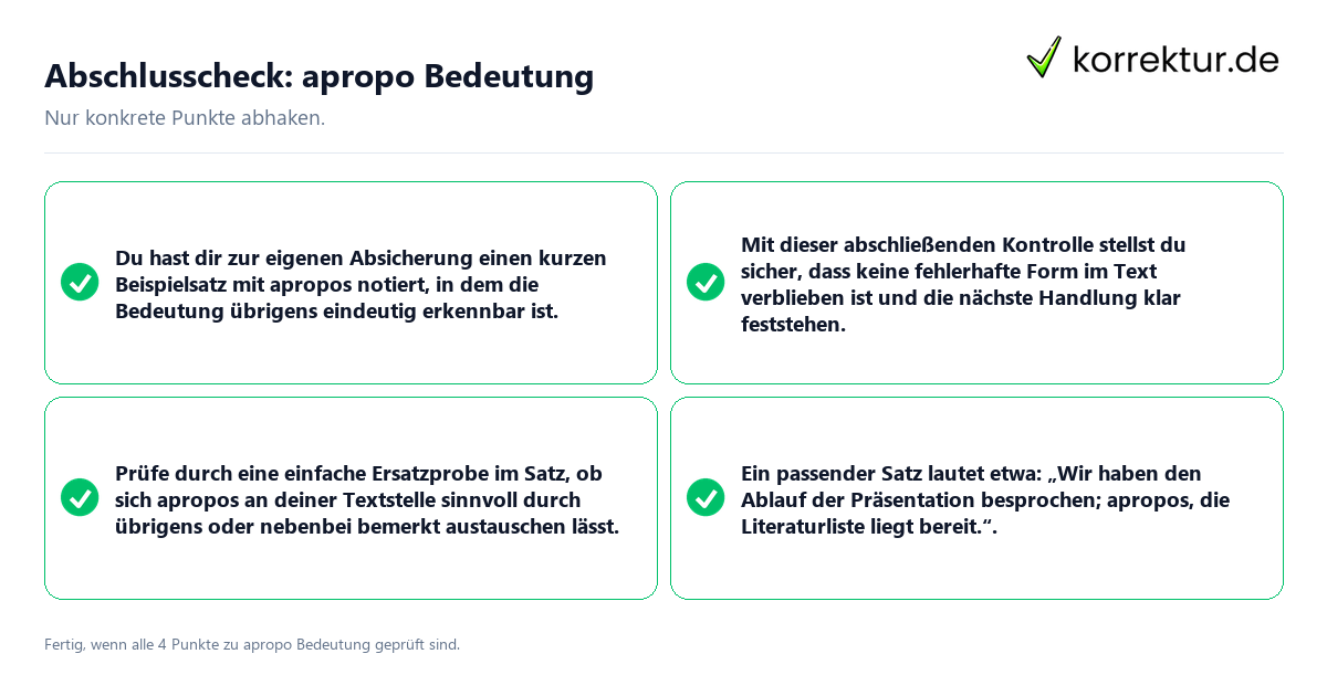 Konkreter Abschlusscheck zu apropo Bedeutung