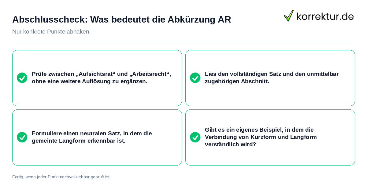 Konkreter Abschlusscheck zu Was bedeutet die Abkürzung AR