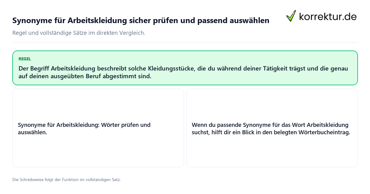 Konkrete Regel und vollständige Beispielsätze zu Synonyme für Arbeitskleidung sicher prüfen