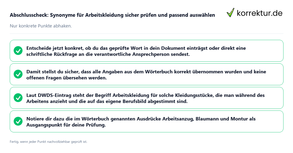 Konkreter Abschlusscheck zu Synonyme für Arbeitskleidung sicher prüfen und passend auswählen