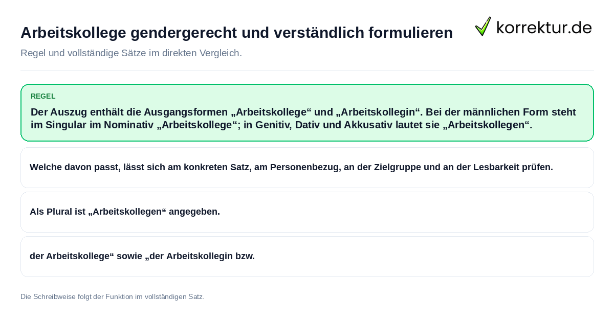 Konkrete Regel und vollständige Beispielsätze zu Arbeitskollege gendergerecht und verständlich