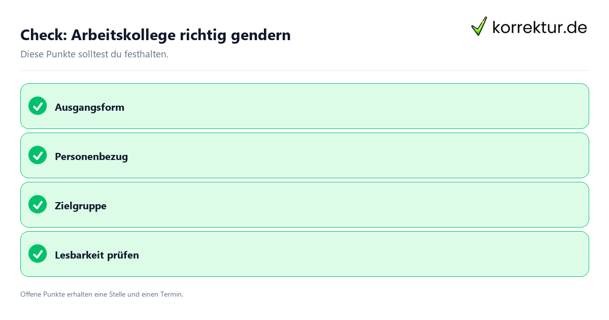 Arbeitskollege richtig gendern mit Checkliste für Unterlagen und nächste Schritte