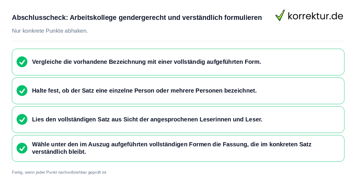 Konkreter Abschlusscheck zu Arbeitskollege gendergerecht und verständlich formulieren