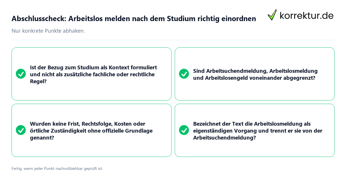 Konkreter Abschlusscheck zu Arbeitslos melden nach dem Studium richtig einordnen