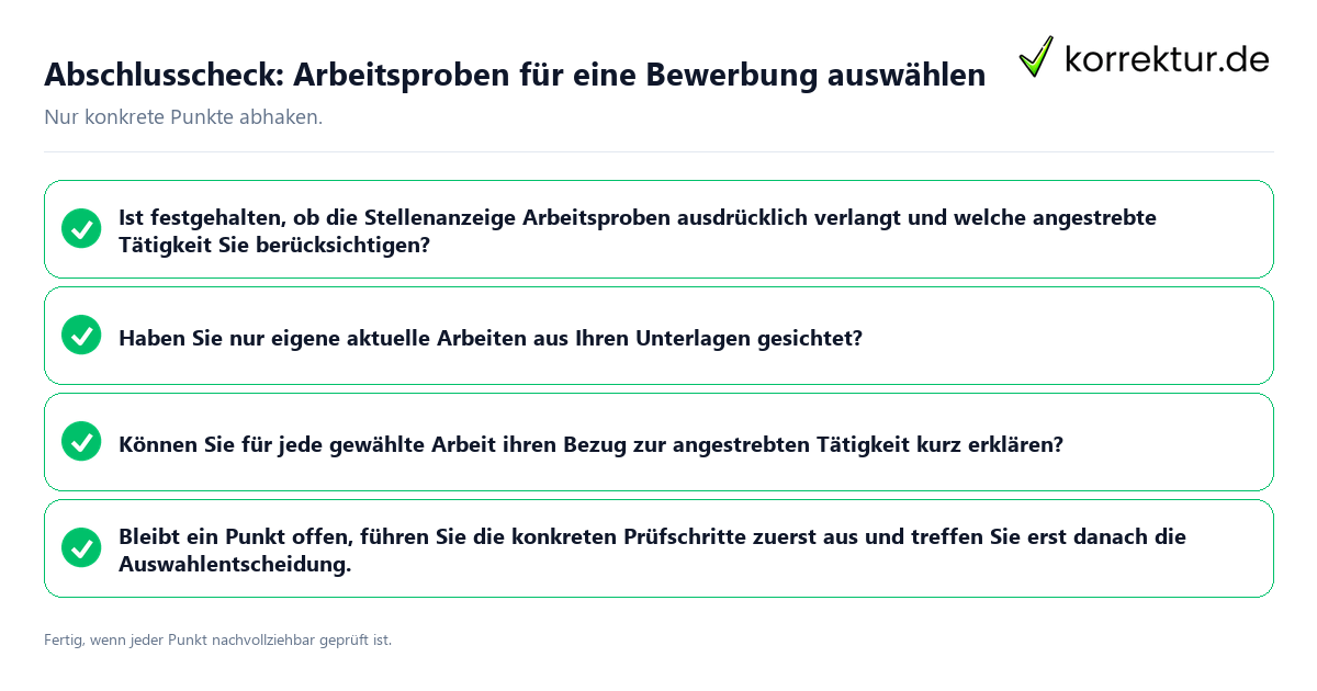Konkreter Abschlusscheck zu Arbeitsproben für eine Bewerbung auswählen