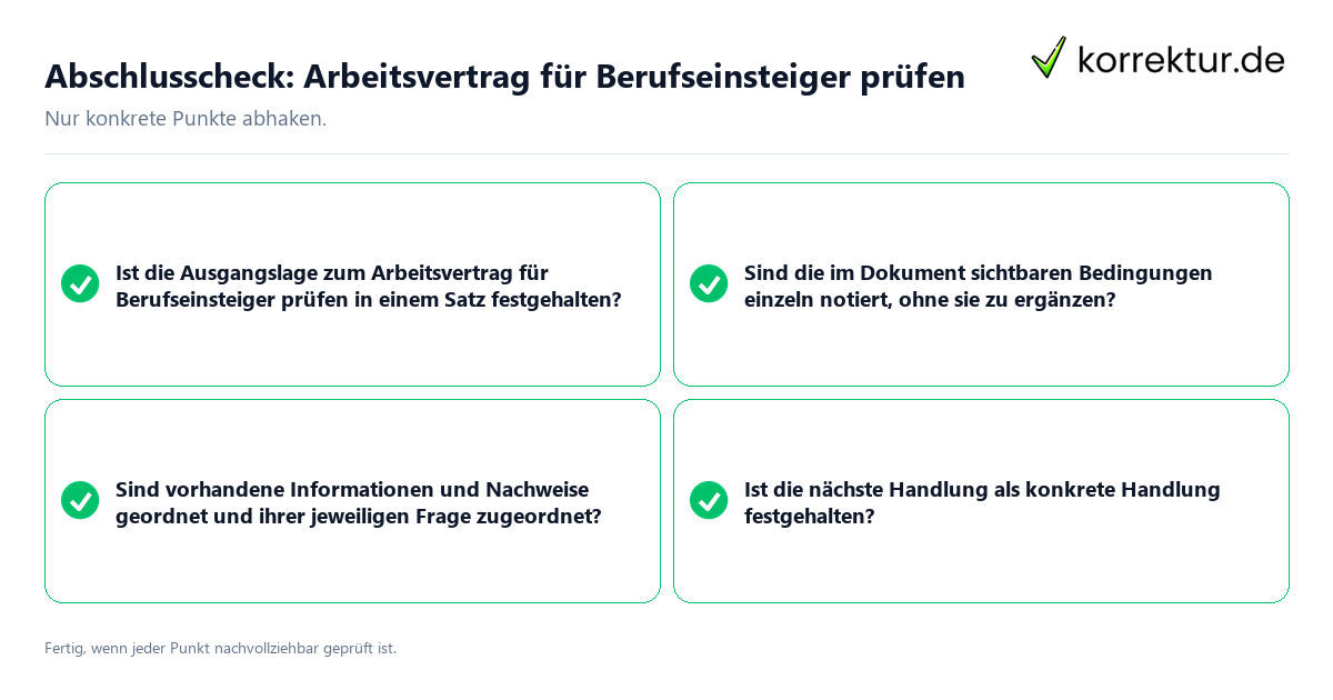 Konkreter Abschlusscheck zu Arbeitsvertrag für Berufseinsteiger prüfen