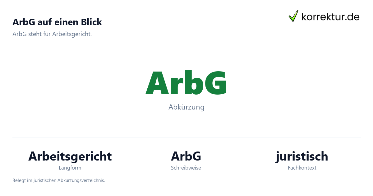 ArbG auf einen Blick ArbG verständlich erklärt: Abkürzung und Bedeutung, Infografik zur Langform Arbeitsgericht