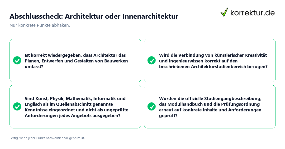 Abschlusscheck: Architektur oder Innenarchitektur Konkreter Abschlusscheck zu Architektur oder Innenarchitektur