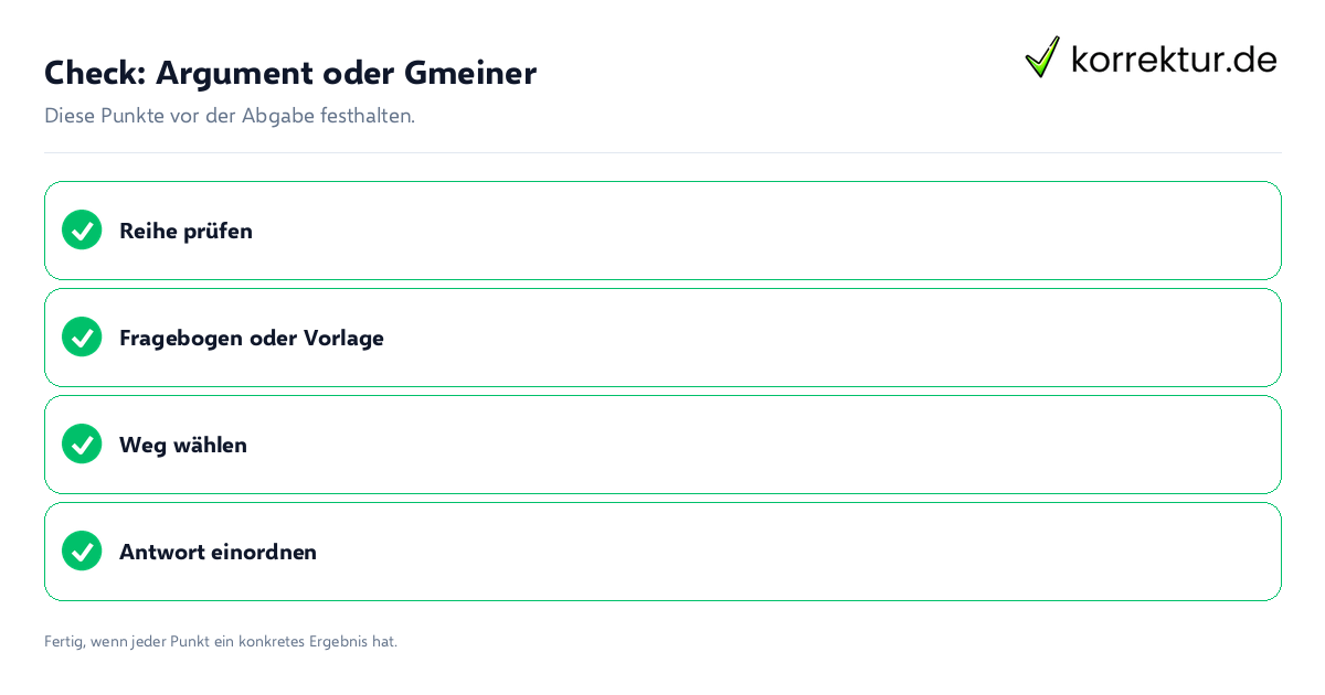 Check: Argument oder Gmeiner Argument oder Gmeiner: Prüfliste mit vier Punkten