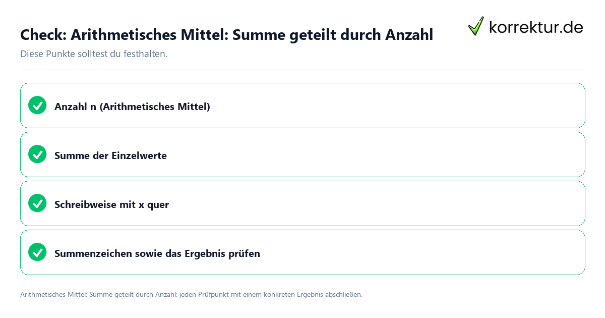Check: Arithmetisches Mittel: Summe geteilt durch Anzahl Arithmetisches Mittel: Summe geteilt durch Anzahl mit einer themenspezifischen Checkliste