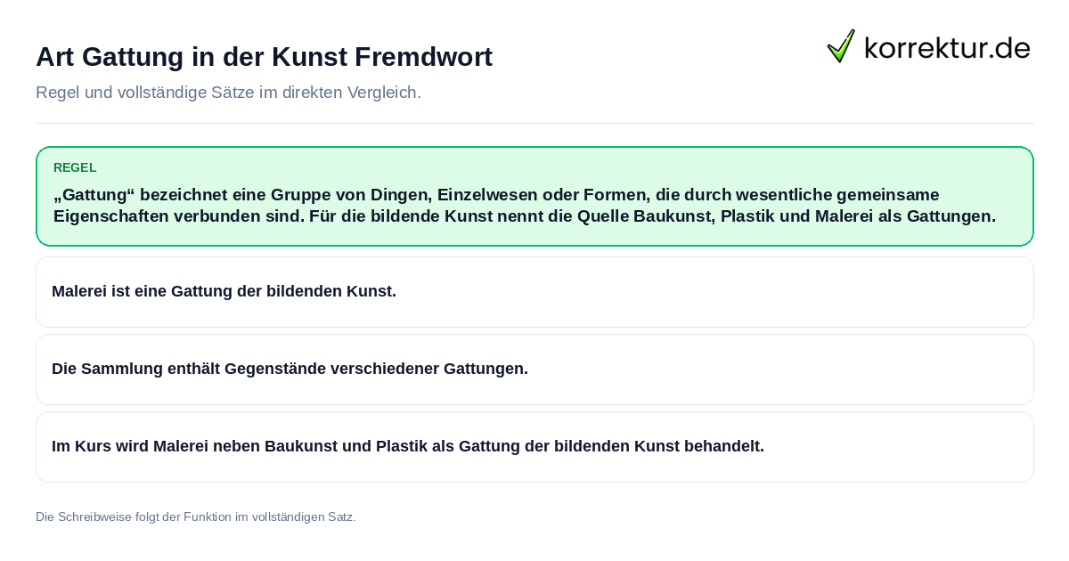 Art Gattung in der Kunst Fremdwort Konkrete Regel und vollständige Beispielsätze zu Art Gattung in der Kunst Fremdwort