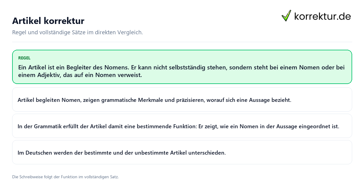 Konkrete Regel und vollständige Beispielsätze zu Artikel korrektur
