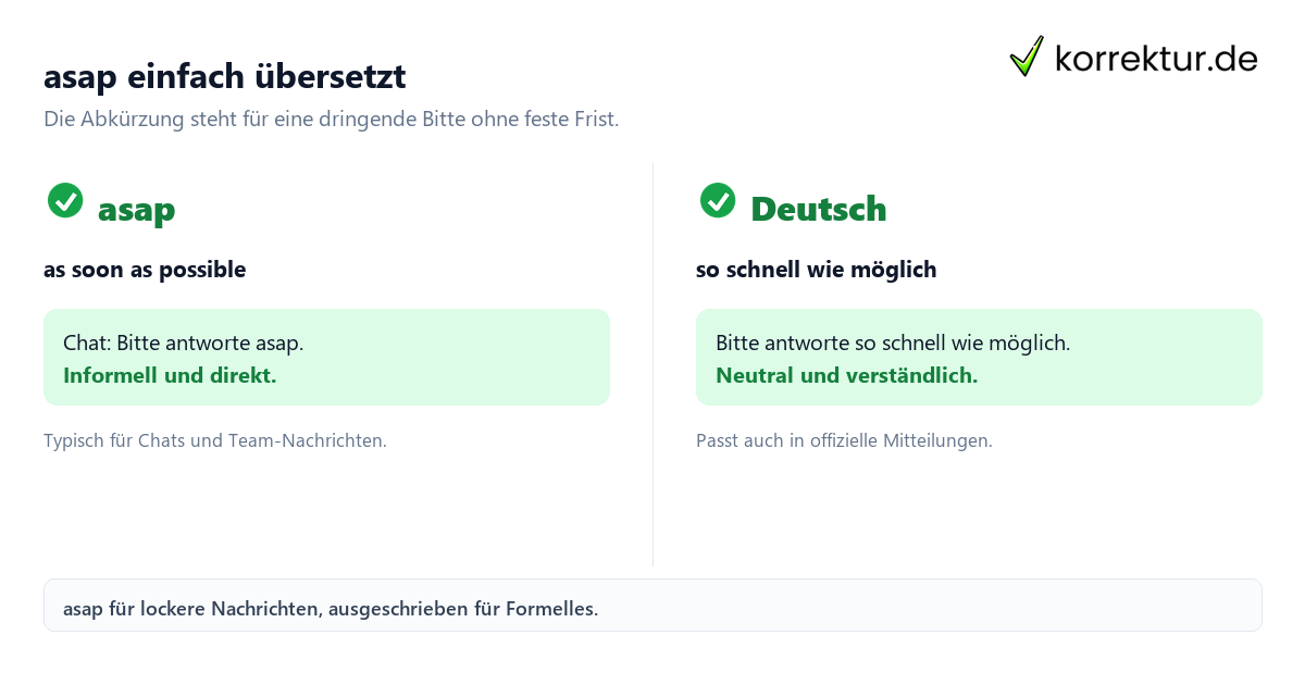 asap einfach übersetzt asap Bedeutung: Englische Abkürzung und deutsche Entsprechung im Vergleich