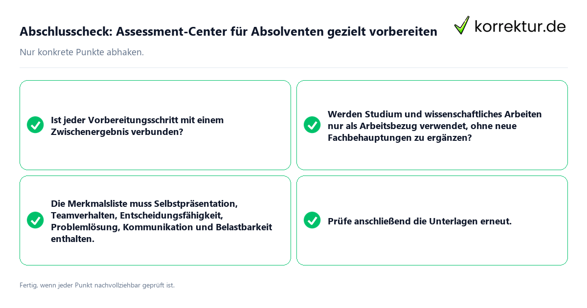 Konkreter Abschlusscheck zu Assessment-Center für Absolventen gezielt vorbereiten