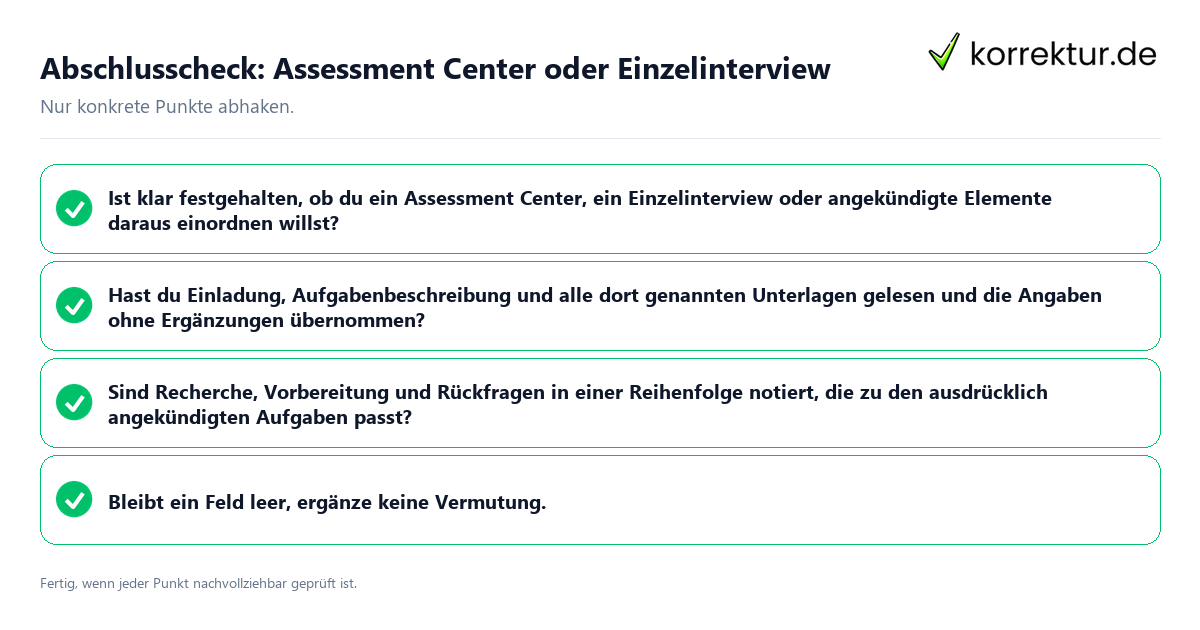 Abschlusscheck: Assessment Center oder Einzelinterview Konkreter Abschlusscheck zu Assessment Center oder Einzelinterview