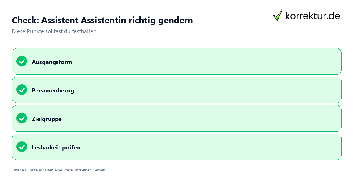 Assistent Assistentin richtig gendern mit Checkliste für Unterlagen und nächste Schritte